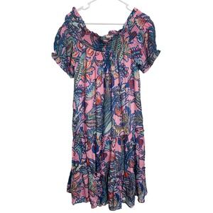 Banjanan Hope 100% Silk Floral Tropical Jaguar‎ Smocked Tiered Midi Dress Size M